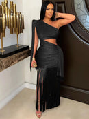 Vestido Longo Um Ombro Diagonal Só Com Franjas Bege