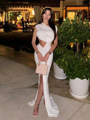 Vestido Longo Ombro a Ombro Com Recortes Assimétricos Branco