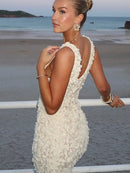 Vestido Longo Com Fenda Flores 3D Off White