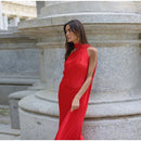 Vestido Longo Cetim Um Ombro Só Com Amarração No Pescoço Amarelo