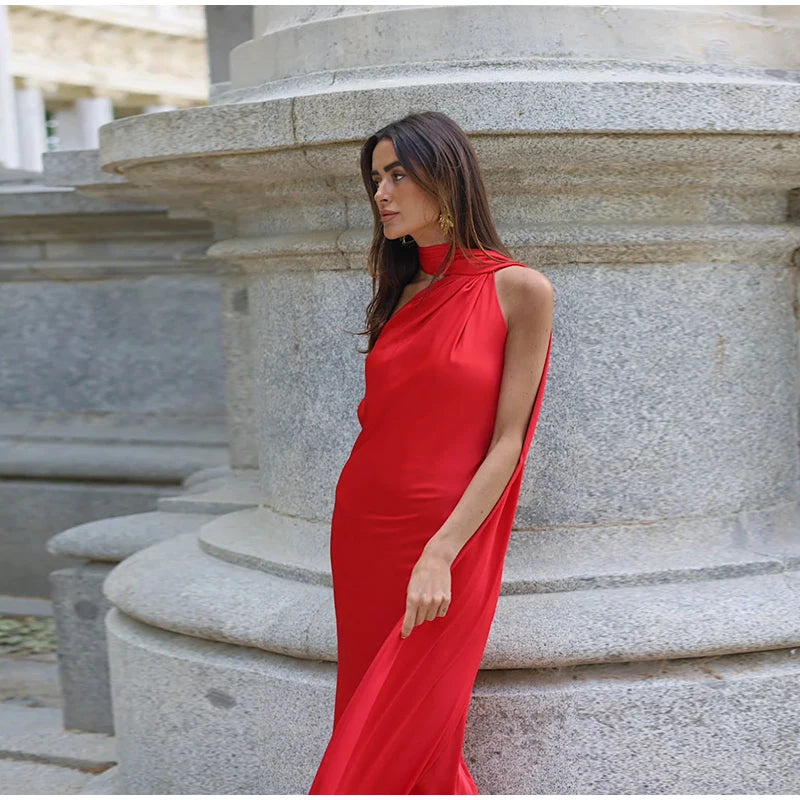 Vestido Longo Cetim Um Ombro Só Com Amarração No Pescoço Amarelo