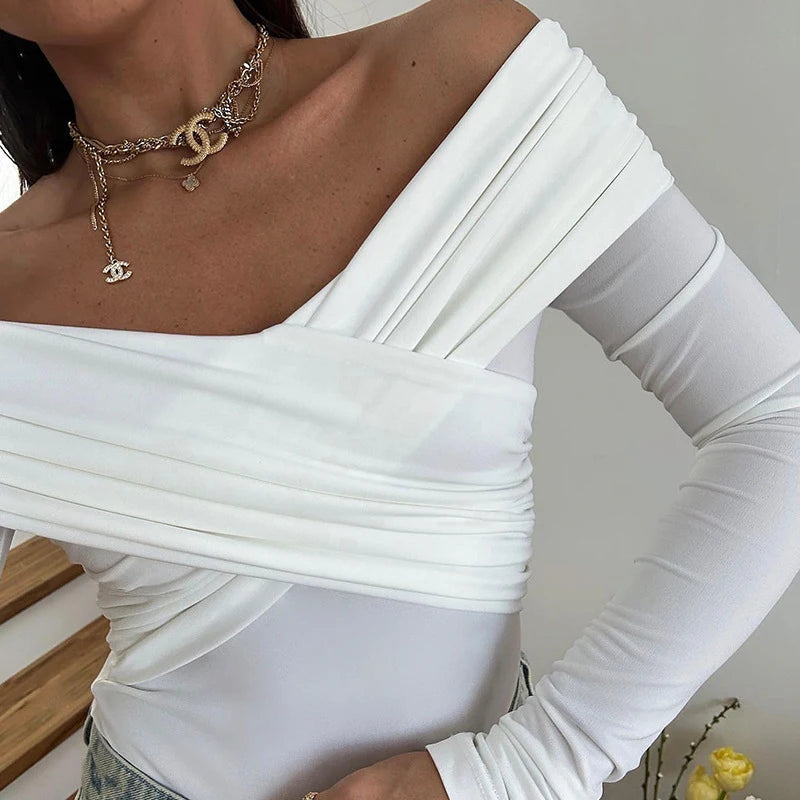 Body De Malha Ombro A Ombro Manga Longa Branco