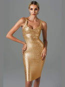 Vestido Midi Bandagem Metalizado Dourado