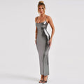 Vestido Midi Alça Fina Cintilante Cinza