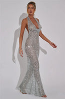 Vestido Longo Translucido Gola Solta Com Brilho Preto