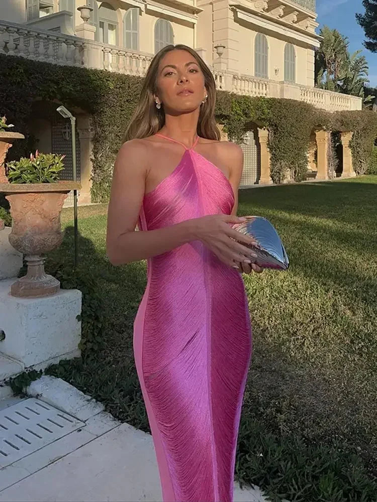 Vestido Midi De Franjas Gola Halter Dourado