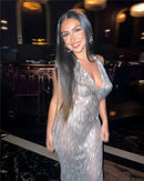 Vestido Longo Translucido Gola Solta Com Brilho Preto