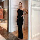 Vestido Longo Cauda Drapeada Alça Fina Preto