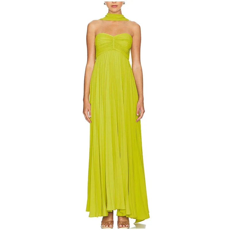 Vestido Longo Plissado Decote Coração Verde Neon