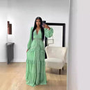 Vestido Longo Manga Longa Gola V Com Babados Rosa