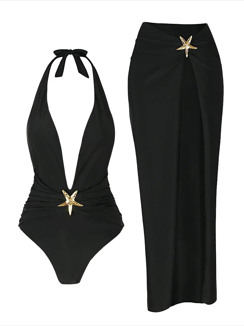 Conjunto 2 Peças Maiô e Saia Estrela Do Mar Preto