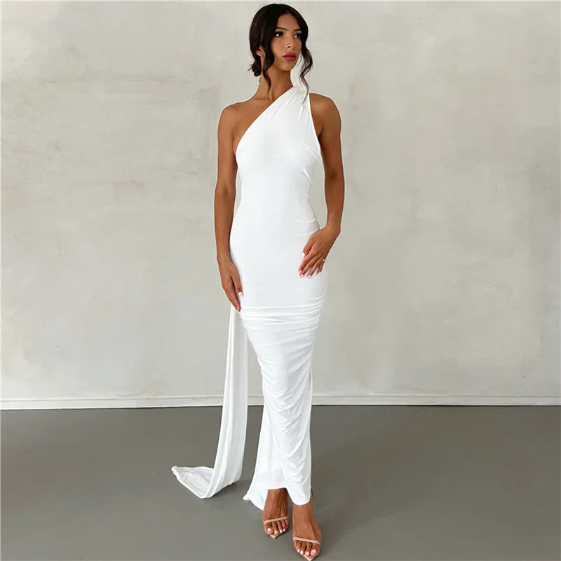 Vestido Longo Drapeado Um Ombro Só Branco