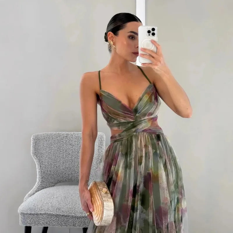 Vestido Longo Em Tule Com Alça Fina Estampa Floral Verde