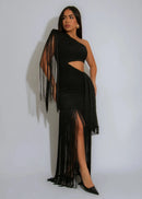 Vestido Longo Um Ombro Diagonal Só Com Franjas Bege