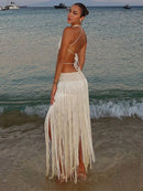 Vestido Longo De Franjas Com Recortes Assimétricos Off White