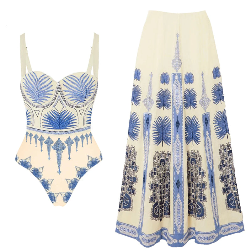 Conjunto 2 Peças Maiô e Saia Estampa Étnica Azul Claro