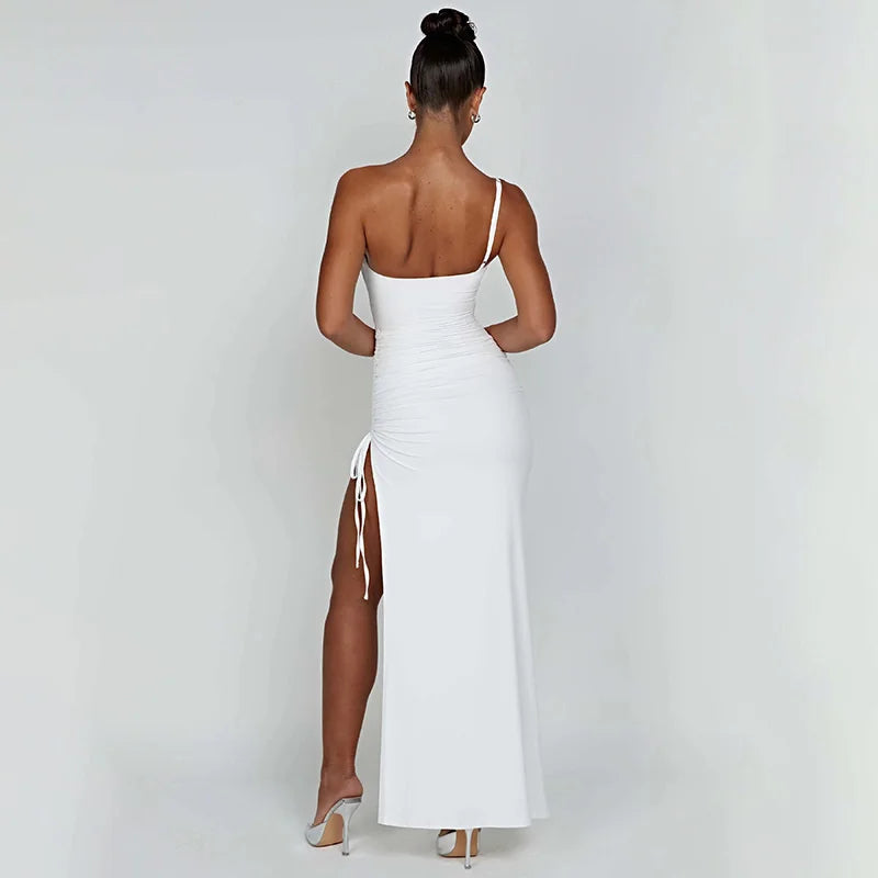 Vestido Longo Um Ombro Só Com Fenda Drapeado