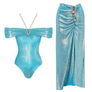 Conjunto 2 Peças Maiô e Saia Acetinado Dourado