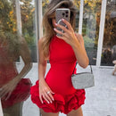 Vestido Curto Sem Manga Com Babados Em Cetim Preto