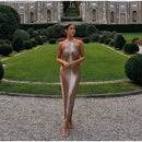 Vestido Midi De Franjas Gola Halter Dourado