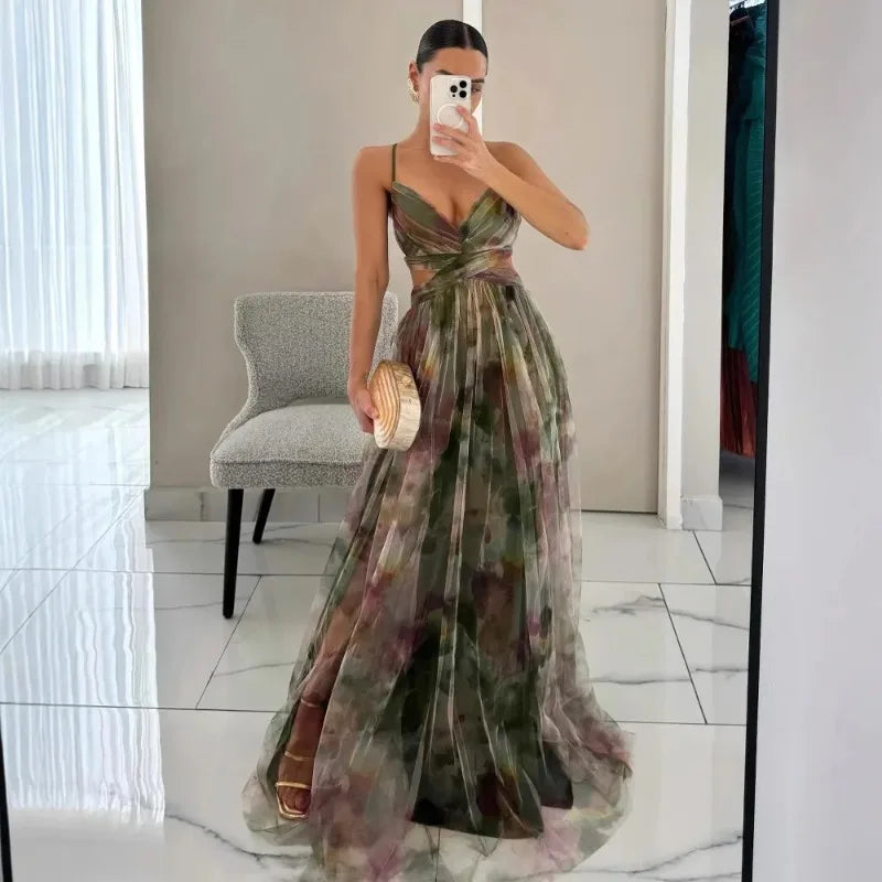 Vestido Longo Em Tule Com Alça Fina Estampa Floral Verde