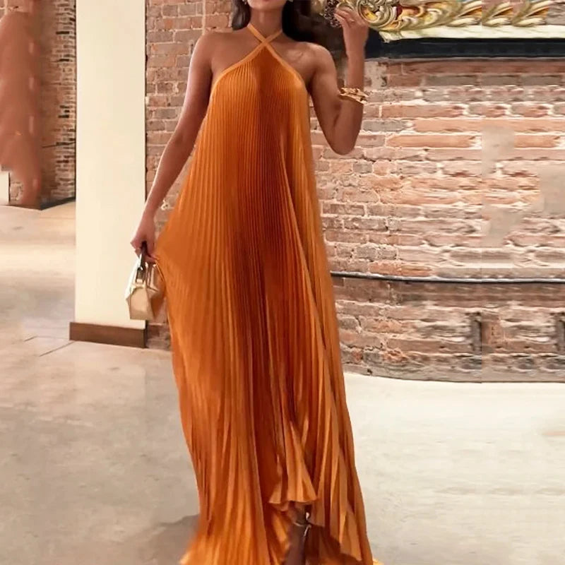 Vestido Longo Plissado Halter Com Amarração No Pescoço Laranja