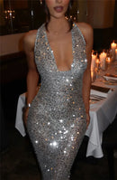 Vestido Longo Translucido Gola Solta Com Brilho Preto