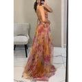 Vestido Longo Em Tule Com Alça Fina Estampa Floral Verde