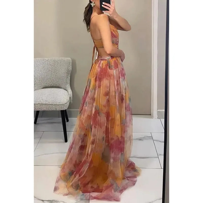 Vestido Longo Em Tule Com Alça Fina Estampa Floral Verde
