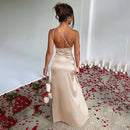 Vestido Longo De Cetim Um Ombro Só Com Fenda Bege