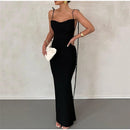 Vestido Longo Cauda Drapeada Alça Fina Preto