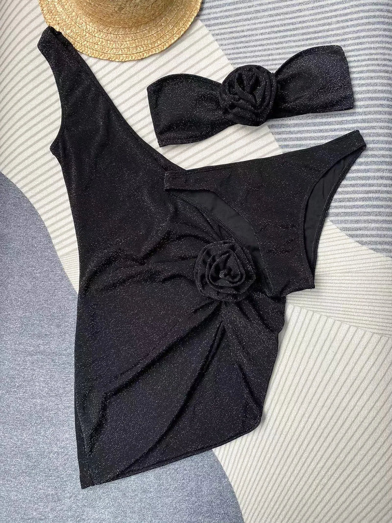 Conjunto De Biquíni + Saída de Praia Flores 3D Glitter