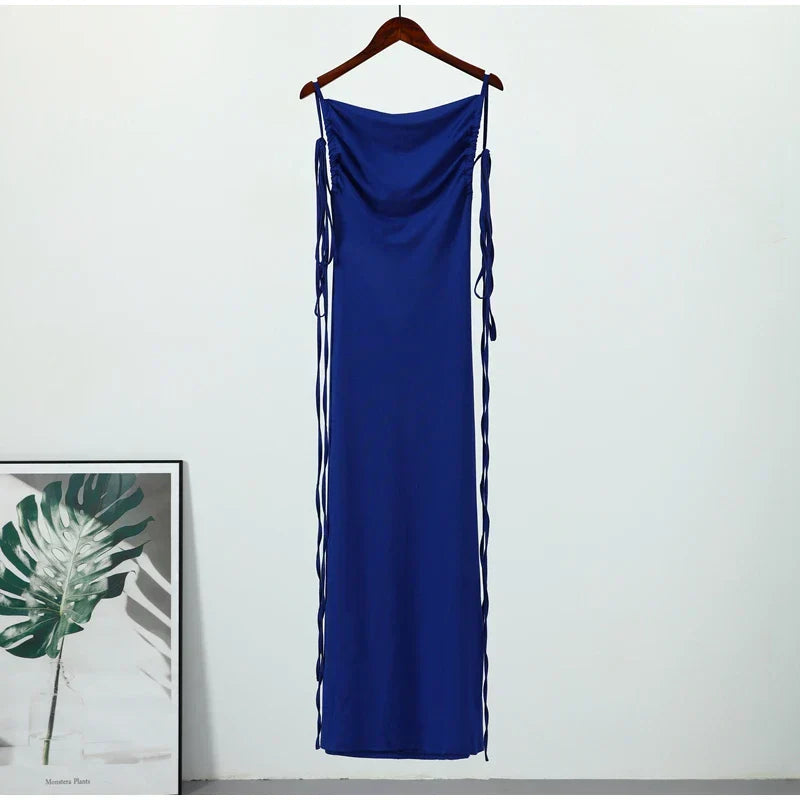 Vestido Longo Cauda Drapeada Alça Fina Rosa