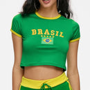 Cropped Manga Curta Com Logo Do Brasil