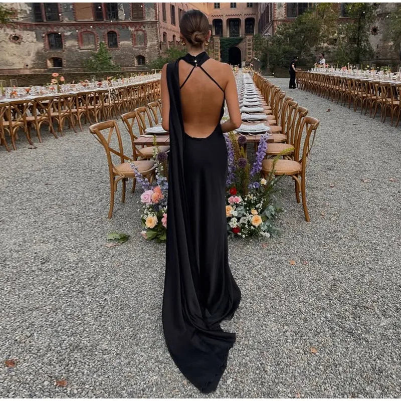 Vestido Longo Cetim Um Ombro Só Com Amarração No Pescoço Amarelo