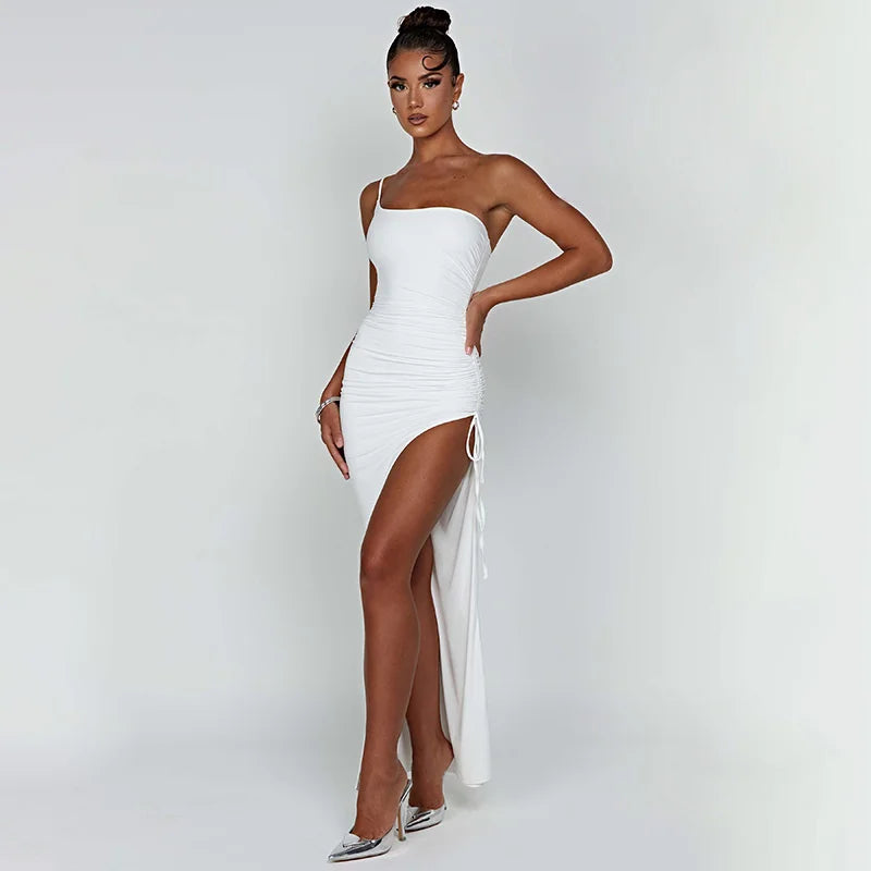 Vestido Longo Um Ombro Só Com Fenda Drapeado