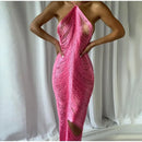 Vestido Midi De Franjas Gola Halter Dourado