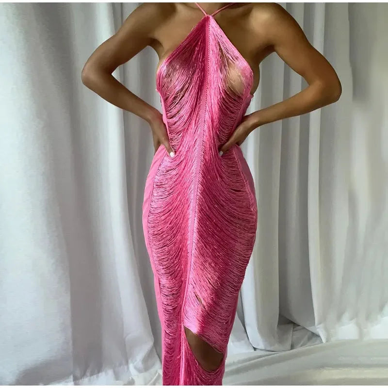 Vestido Midi De Franjas Gola Halter Dourado