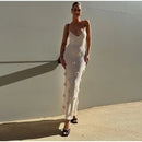 Vestido Longo Decote V Flores 3D Off White