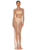 Vestido Longo Segunda Pele Com Strass Nude