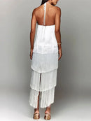 Vestido Longo De Franja Com Amarração No Pescoço Branco