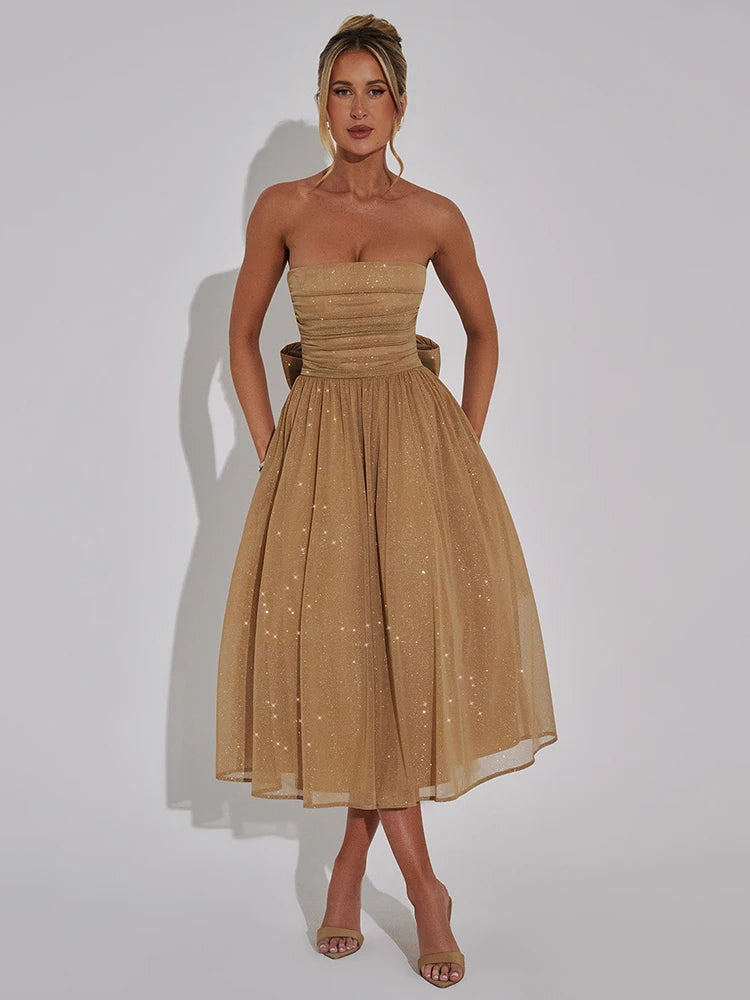 Vestido Midi Rodado Tomara Que Caia Em Lurex Brilhoso Bege