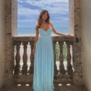 Vestido Longo Chiffon Plissado Tomara Que Caia Azul Ciano