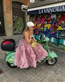 Vestido Midi Rodado Flores 3D Rosa