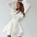 Vestido Curto Manga Longa Com Babados em Crepe Branco