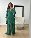 Vestido Longo Manga Longa Gola V Com Babados Rosa