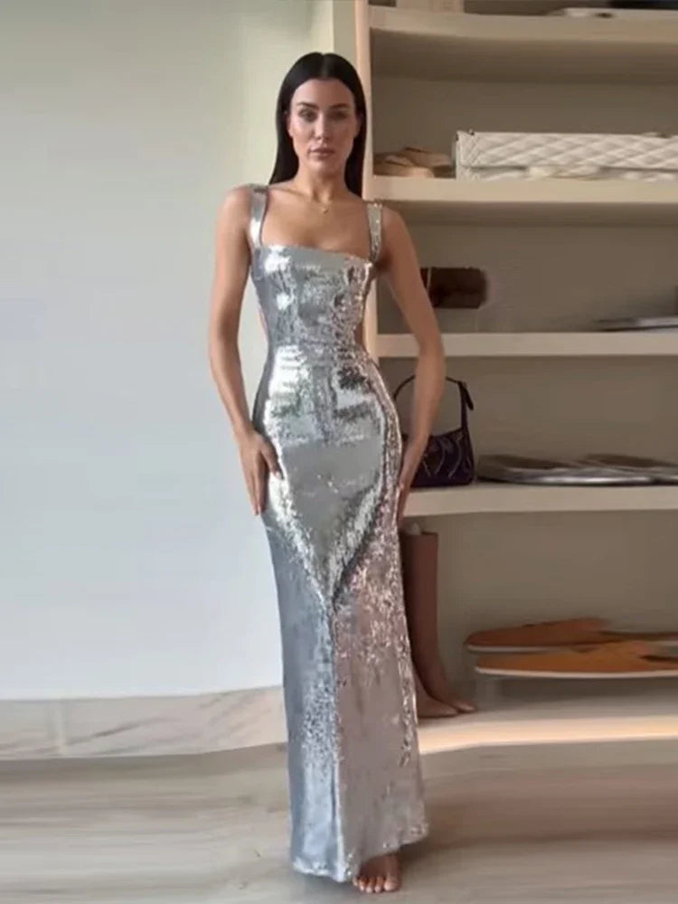 Vestido Longo De Paetês Com Alça Média Vermelho