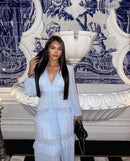 Vestido Longo Manga Longa Gola V Com Babados Rosa