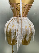 Macaquinho Em Tule Sem Manga Com Pérolas e Franjas Branco