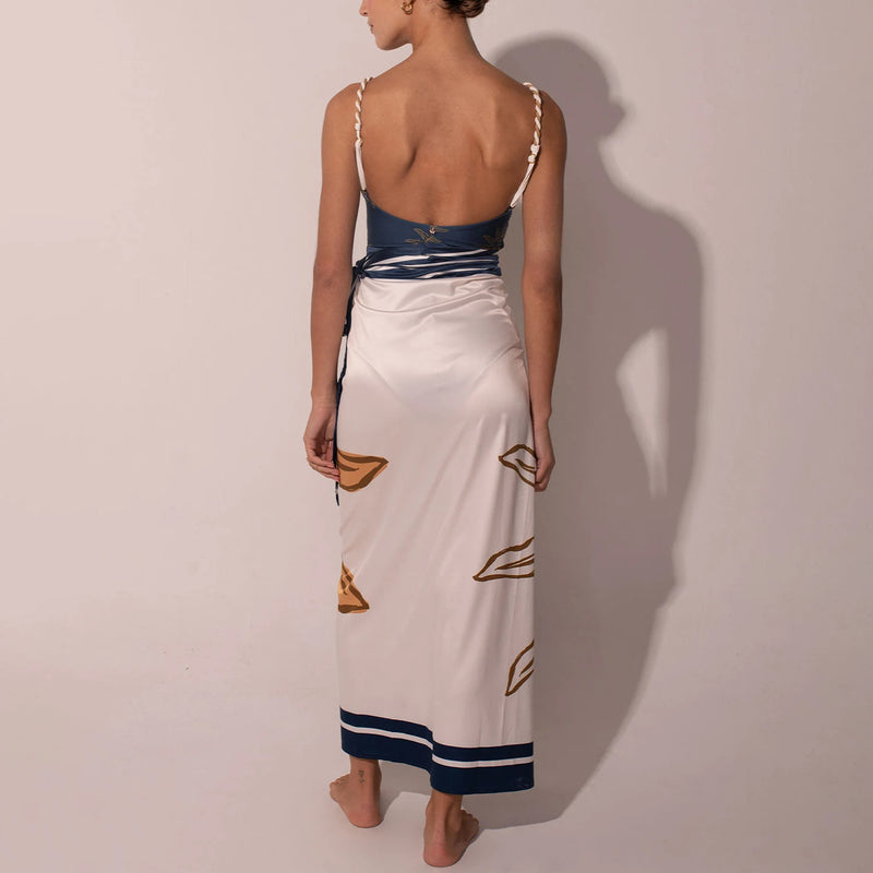 Conjunto 2 Peças Biquíni e Saia Estampa Solar Azul Marinho